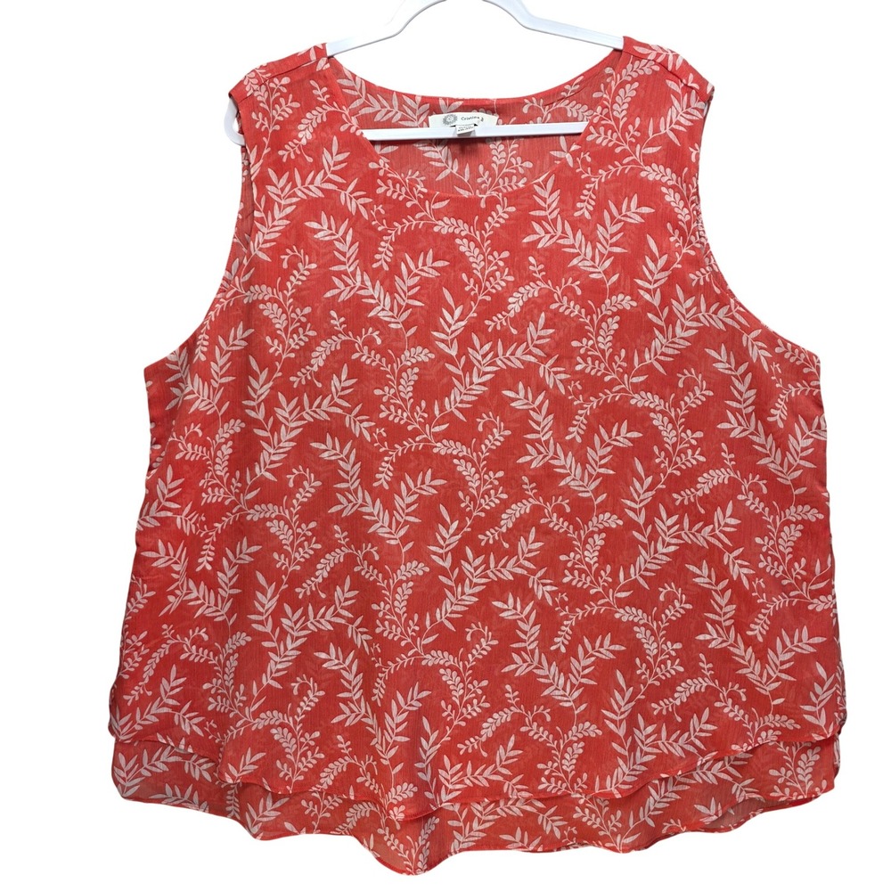 Cristina B Womens XXL Coral Red Leaf Print Sleeveless Tiered Blouse Top